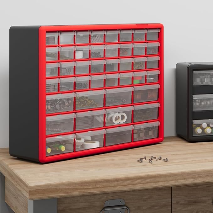 Akro-Mils 44-Drawer Plastic Storage Cabinet, 20" W x 6" D x 16" H, Red | Plastic Cabinet w/ Drawers for Garage Organization, Beads, Building Bricks Storage, Teacher Toolbox, Makeup Organizer, 10144 - Image 10
