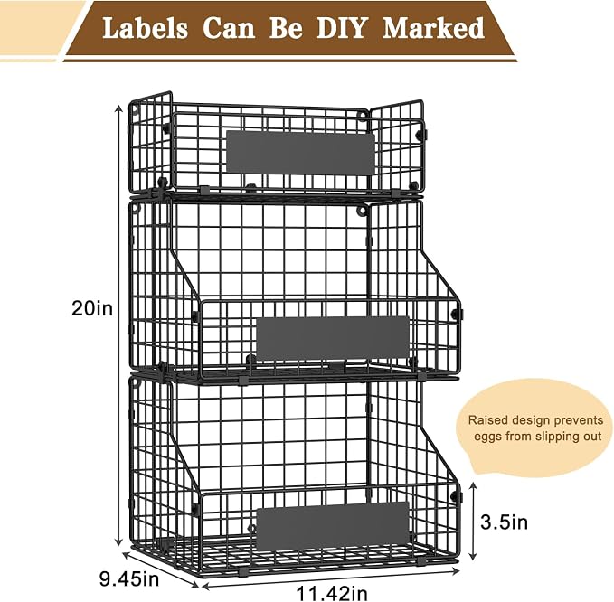 Egg Holder Countertop with DIY Nameplate for Egg Storage, Egg Container | 3-Tier Stackable Wire Baskets, Countertop Egg Organizer for Home & Farm Fresh Eggs, Wall-Mounted, L Size, Patent Pending - Image 3