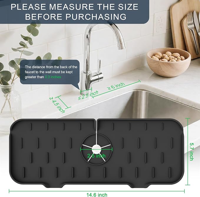 Kitchen Faucet Sink Splash Guard - Faucet Guard & Draining Mat Black | Silicone water catcher mat, Sink drain pad behind fauce; Sink rubber mat, Faucet Mat, kitchen bathroom protect around faucet - Image 2