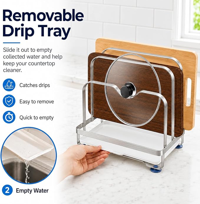 Cutting Board Organizer Rack with Draining Tray, 3 Slot | Stainless Steel Boards Holder for Kitchen Countertop, Heavy Duty Anti-Slip Stand for Thick & Thin Boards Pot Lid, Rustproof - Image 6