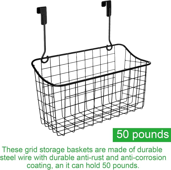 4PCS Over the Cabinet Basket, Over Cabinet Door Organizer, Grid Storage Baskets with Hooks, Metal Hanging Basket Kitchen Storage Organizer Holder for Pantry, Bathroom, Black, 11x9.2x4.3’’ - Image 4