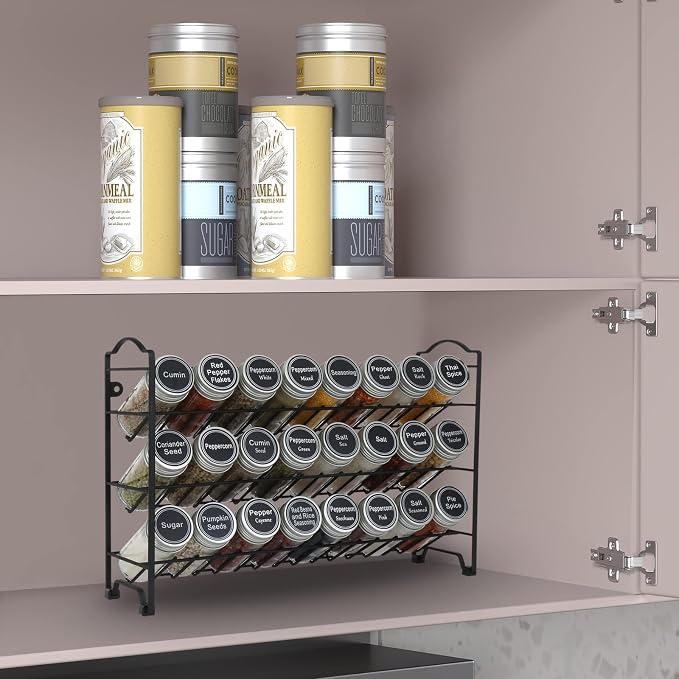 SWOMMOLY 3 Tier Spice Rack Organizer with 24 Empty Round Spice Jars, 396 Spice Labels, Funnel and Chalk Marker Complete Set, Black | Chalk Marker, Funnel Set for Cabinet, Countertop, Pantry, Cupboard or Door & Wall Mount - 24 Jars, 14.8" W × 9.8" H, Black - Image 2
