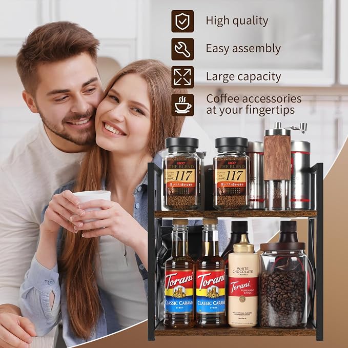 YINMIT Countertop Shelf Organizer,Coffee Bar Accessories,Spice Rack,Coffee Counter Shelf,2 Tier Coffee Organizer Station for Mugs,Cups,Cream,Syrup(Rustic Brown, Medium) - Image 7