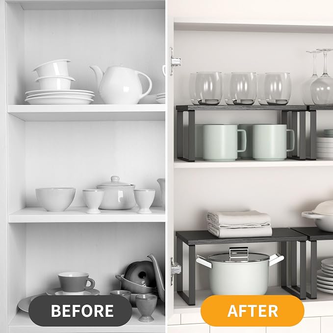 Kitchen Cabinet Organizer Shelf Set of 4, Sturdy Kitchen Counter Shelves with Metal Legs, Stackable Expandable Wood Spice Rack Pantry Cupboard Dish Mug Cup Storage Organizer Shelf, Black - Image 4