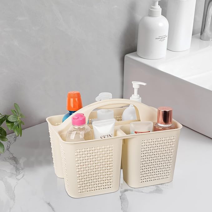 Plastic Portable Shower Caddy Basket with Handle, 3 Compartments, Beige | Storage Organizer with Drain Holes, Sturdy and Durable For Bathroom, Kitchen, College Dorm, Sink, Camping - Image 2
