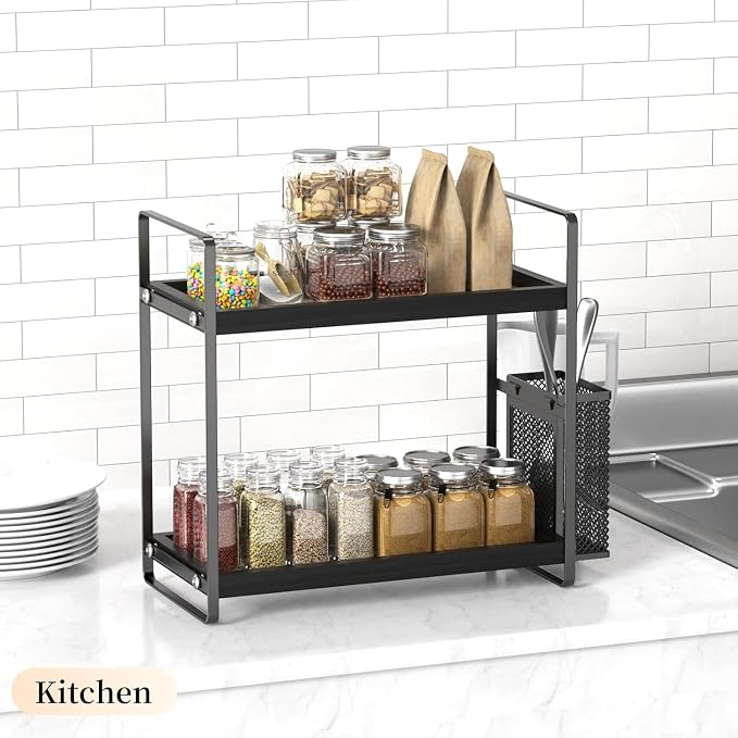Bathroom Organizer Countertop, Counter Organizer for Bathroom Decor, Wooden Sink Shelf for Vanity Storage, Makeup Tray for Perfume Skincare Bedroom Kitchen Corner (Black) - Image 2
