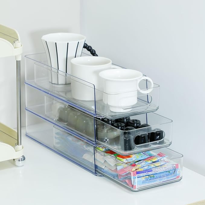 3 Tier Stackable Storage Drawer Organizer, Clear, Small | Plastic, Narrow Pull Out Container, For Under Sink, Corner, Kitchen Cabinet, Coffee bar, Pantry, Laundry, Countertop - Image 2