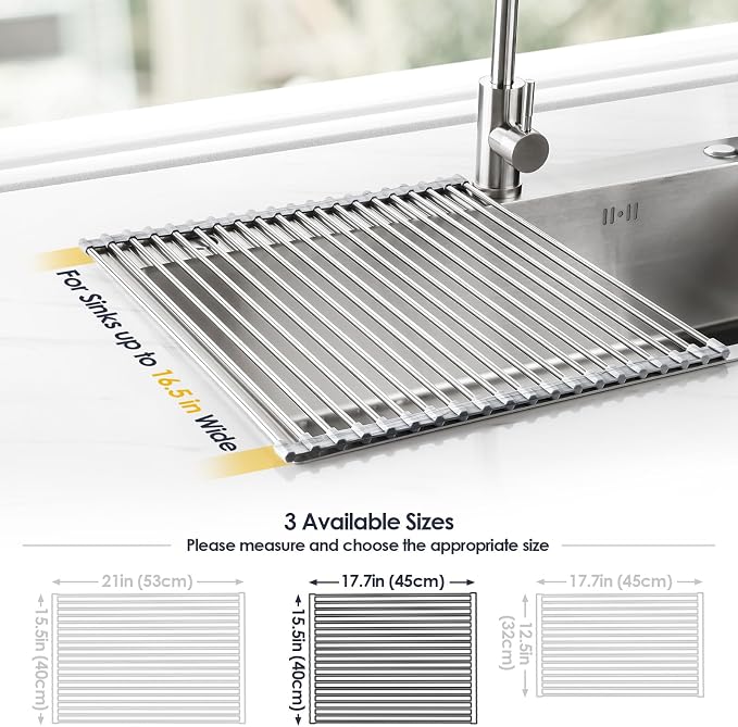 Tomorotec Roll Up Dish Drying Rack Over Sink, 304 Steel, 17.7x15.5, Marble | Anti-Slip Silicone Rims For Grip, Heat-Resistant Trivet Mat Holding Heavy Cookware, Rustproof Kitchen Counter Space Saver - Image 4