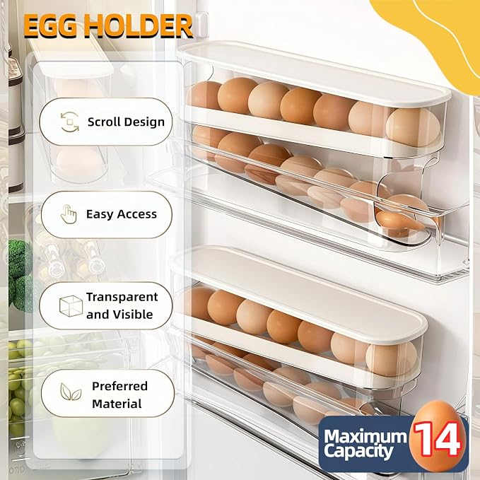 Egg Holder for Fridge, Space-Saving Automatic Rolling Egg organizer for refrigerator, 2-Layer Stackable Egg dispenser for refrigerator, Egg storage with Lid for Kitchen, Countertop, Dining Room - Image 8