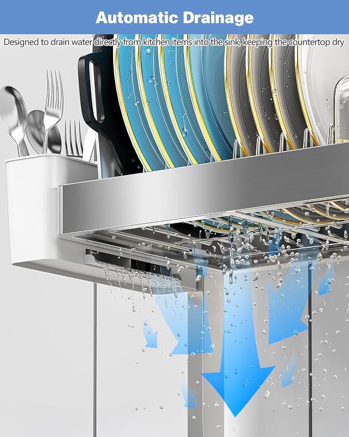 2-Tier Stainless Steel Over-the-Sink Dish Drying Rack, Expandable | Expands from 37.3 to 44.7 inches with two tiers, hooks and holders to organize cookware, dishes and utensils. - Image 5