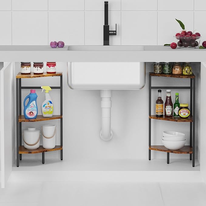 CADUKE Pedestal Sink Storage, 2 Pack Bathroom Under Vanity Storage Shelf | Under Sink Organizer Shelf, Bathroom Organizers Rack Stand, 3 Tier Wooden Corner Shelves, For Small Space, Rustic Brown - Image 4