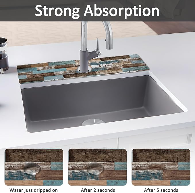24" X 5.5" Kitchen Sink Splash Guard Faucet Mat Wood Grain Super Absorbent Fast Drying Faucet Guard & Draining Mat Sink Splash Guard Behind Faucet for Kitchen, Bathroom - Image 3