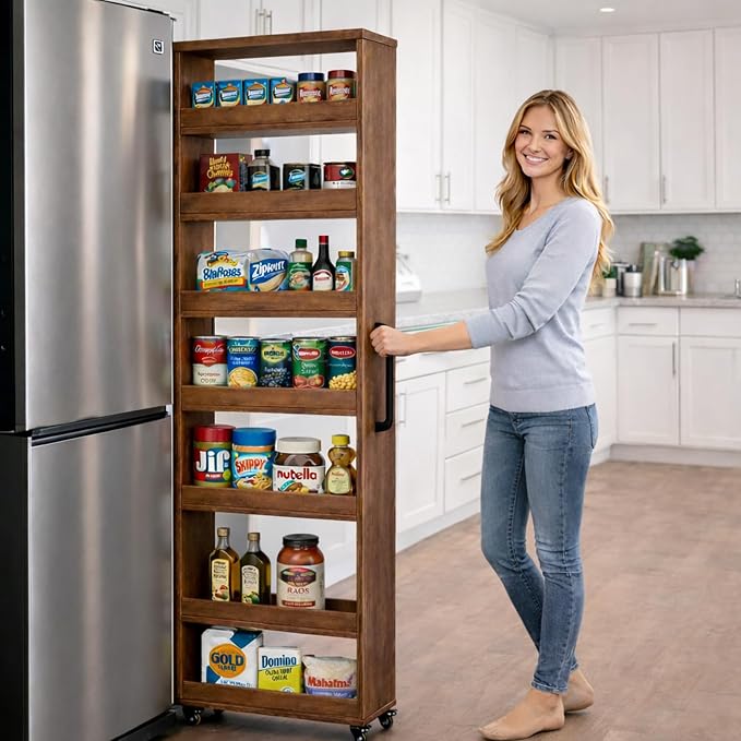 Beside Fridge Storage Slim Tall Cabinet - 7-Tier Tall Narrow Kitchen Pantry Pull Out Storage Cabinet Next To Fridge, Rolling Cart For Kitchen, Dorm, Bathroom, Laundry & Office (Walnut, 23.6 in) - Image 2