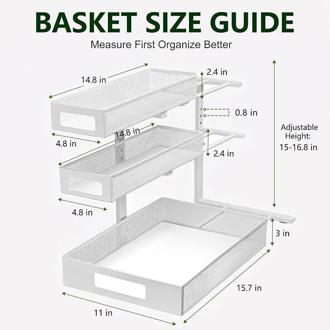 3 Tier Under Sink Organizer,2 Pack Pull Out Cabinet Shelves with Adjustable Height,Heavy Duty Carbon Steel L-Shaped Storage for Kitchen Bathroom Sink,Pantry & Laundry,White - Image 6