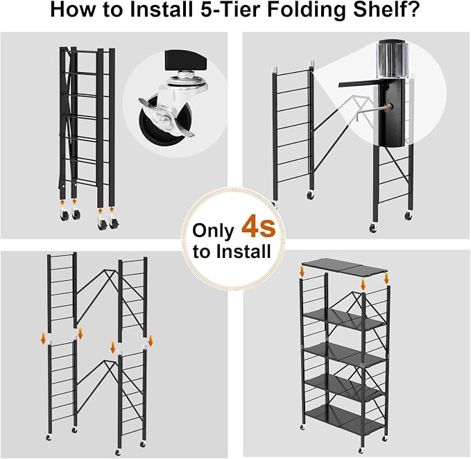 Himix 5-Tier Foldable Expandable Storage Shelves Wheels Kitchen 2-in-1 Rack | Folding shelving units, Metal collapsible organization, Changeable into 2 shelf units, Adjustable, Garage, Holds 2400 Ibs - Image 5