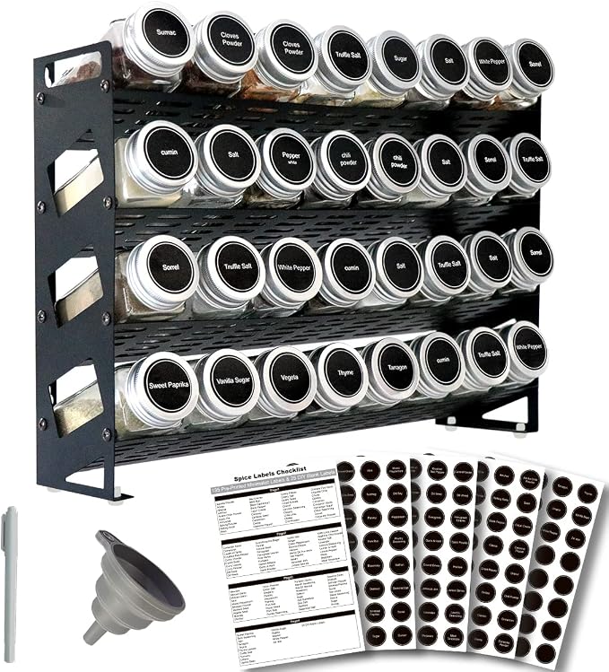 4 Tier Spice Rack Organizer with 32 Square Spice Jars and 160 Spice Labels Set for Kitchen Cabinet Countertop Pantry or Wall Mount, Matte Black by Ardier