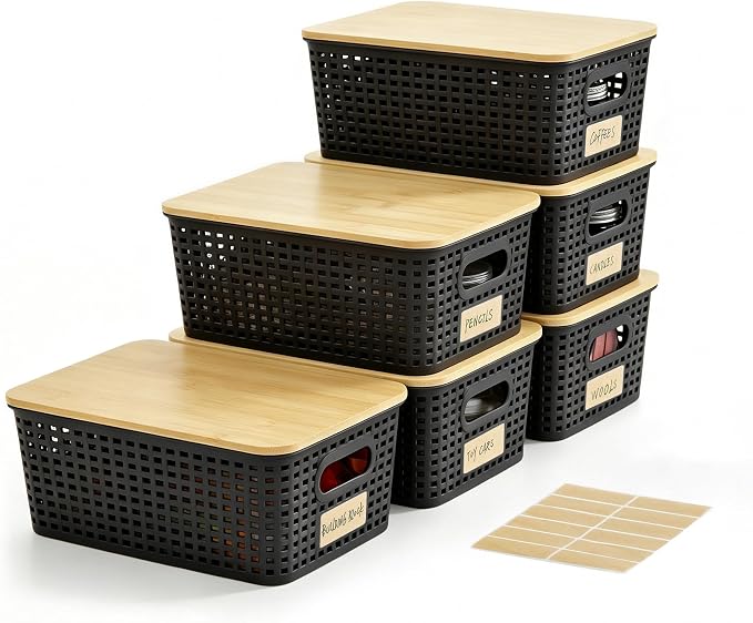 Small Plastic Storage Bins with Bamboo Lids 5.2qt Stackable Box Basket Pantry Decorative Containers Cute with Lable for Organizing Desktop Closet Office Black of 6 packs 10 * 7.2 * 4.1" by Bagnizer