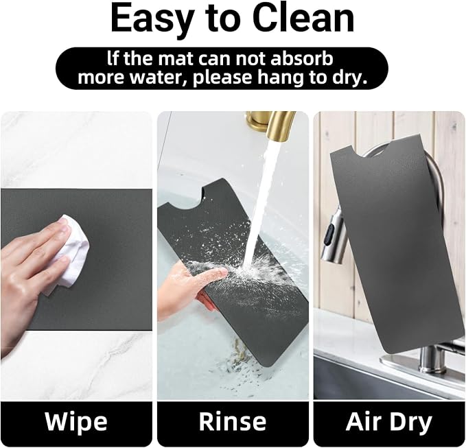 LOPNUR Cuttable Faucet Mat for Kitchen Sink, Extra Long 29 Inch, Dark Grey | Super Absorbent & Fast Dry Diatomite Sink Splash Guard, 0.8-2.4 Inch Adjustable Faucet Hole, Cut to Fit Bathroom & RV Sinks - Image 7