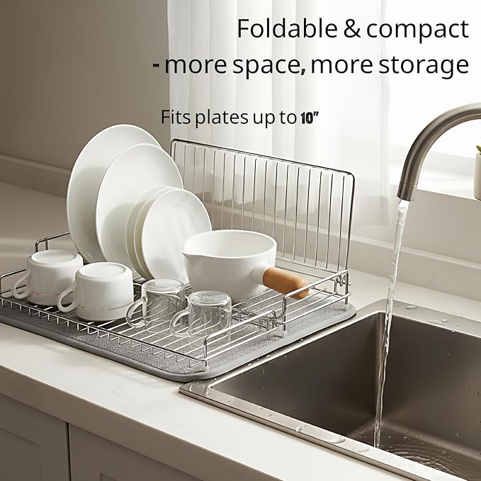 Collapsible Dish Drying Rack Stainless Steel for Kitchen Counter | Compact Dishes Drying Rack c/w Grey Drying Mat, Folding Dish Drainer for Narrow Small Space - Foldable, Silver - Image 2
