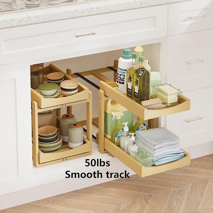 Bamboo Under Sink Organizer Adjustable Height 2 Tier Bathroom Organizer Pull Out Cabinet Storage Kitchen Heave Duty Wood Slide Ou Shelf for Kitchen Bathroom (Black, 2 Packs) (Nature, 2 Packs) - Image 4