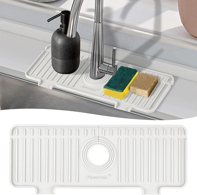 Amerner Kitchen Sink Splash Guard, Silicone Faucet Guard & Draining Mat, Bathroom and Kitchen Sink Organizer, Sink Faucet Mat Water Splash Guard Behind Faucet Accessories Gadgets, 14.2” x 5.1”, White by Amerner