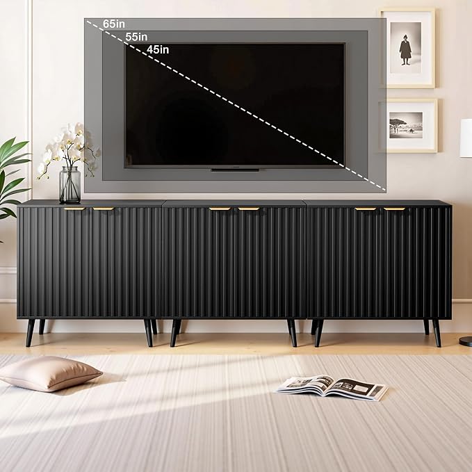 Set of 3 Fluted Storage Cabinet, Buffet Cabinet with Storage, Wood Sideboard with Adjustable Shelf, Modern Accent Cabinet & Console Table for Entryway, Living Room, Dining Room, Black by REHOOPEX