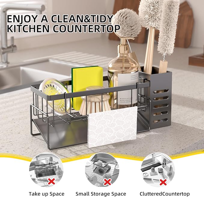 304 Stainless Steel Over Sink Caddy Sponge Soap Organizer Gray | Auto sloped drainage with removable tray, 3 divided spaces for sponge & soap, rustproof steel, no installation needed - Image 3
