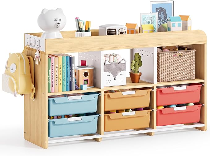 Classroom Storage Organizer with 6 Bins, 3 Shelves and Pegboard, Rainbow | 6 pull-out bins, 3 open cubbies, child-height access, easy-clean storage for Kid room,playrooms, classrooms and craft rooms by APEXCHASER