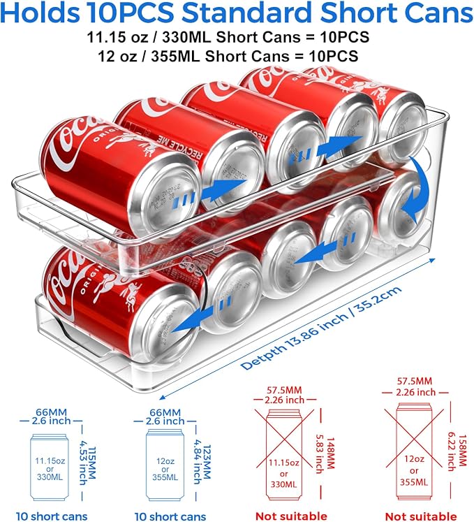 2 Packs FIFO Rolling Soda Can Organizer for Fridge, Holds 10 Cans | Pop Can Organizer for Drink Beer Seltzer Soda Can Dispenser for Refrigerator 11.15oz 12oz Can Holder Storage Pantry Container - Image 2