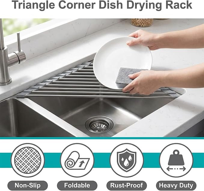 Triangle Sink Corner Dish Drying Rack, Gray Foldable Roll Up Dish Drainer, Multipurpose Kitchen Counter Storage Organizer Drainer Mat - Image 4