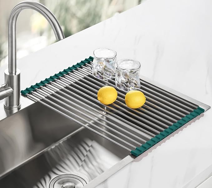 Tomorotec Roll Up Dish Drying Rack Over Sink,304 Steel,17.7x12.5,DarkGreen | Anti-Slip Silicone Rims For Grip, Heat-Resistant Trivet Mat Holding Heavy Cookware, Rustproof Kitchen Counter Space Saver - Image 8