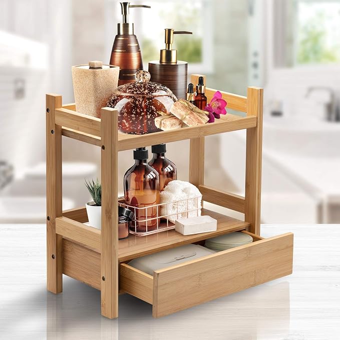 Sorbus 2-Tier Bamboo Countertop Shelf with Hidden Drawer for Vanity, Matcha Shelf, Bathroom Storage Cabinet, Under Sink Organizer, Bathroom Storage, Matcha Station Shelf (13″ L x 6.5″ W x 12.6″ H) - Image 2