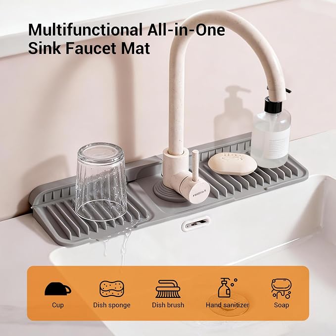 ZJWZLG Faucet Mat for Kitchen Sink, 14"X5.5" Silicone Sink Splash Guard , Snap-On Design & 7°slope Fast Drain, Folding Sink Faucet Mat for Universal Kitchen Bathroom Sink(Grey) - Image 2