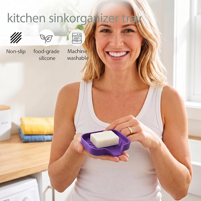 MicoYang Silicone Soap Dish with Drain Spout, Self-Draining Sink Organizer Tray for Bathroom and Kitchen, Sponges, Dispensers and Soap Holder, Non-Slip and Dishwasher Safe, Purple (Compact, 4.9"×3.2") - Image 5