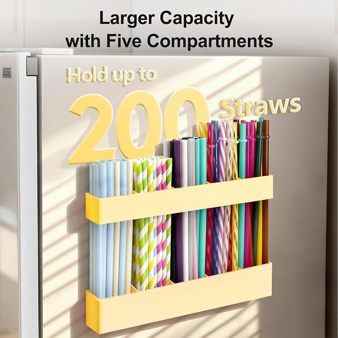 9.5” Large Acrylic Straw Holder for Cabinet Door, Adjustable Two-Part | Reusable Straws Organizer with Ultra Sticky Adhesive Strips, 2026 Straw Storage for Kitchen Cupboard (Milky Yellow) - Image 3