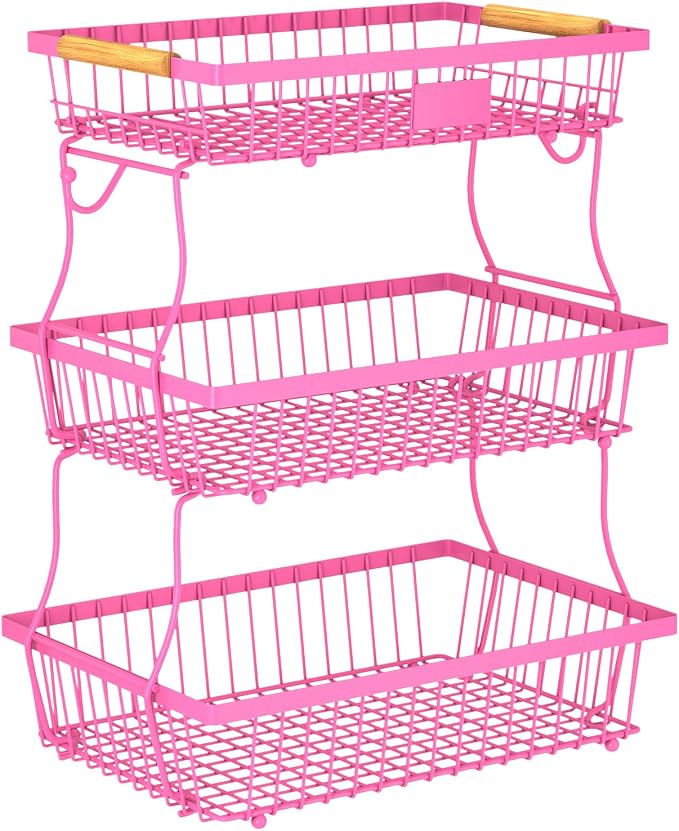 3 Tier Fruit Basket for Kitchen Counter with 2 Banana Hangers, Countertop Metal Fruit Bowl with Wooden Handle, Large Storage Stand for Vegetables, Snacks, Breads, Produce Storage – Rose Pink by Unknown