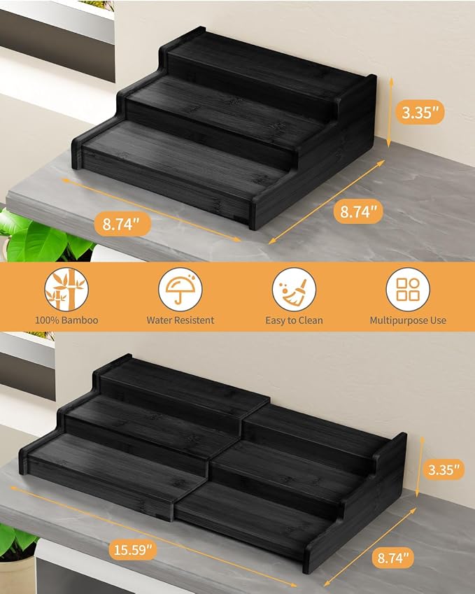 Spice Rack 3-Tier Natural Bamboo, Adjustable Cabinet Organizer Shelf | Expands 8.7-15.6"cabinets. Stepped design, labels visible.Storage organizer saves space, easy wipe. For spices, jars,cans. - Image 4