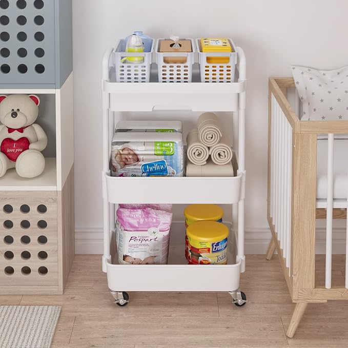 Calmootey 3-Tier Utility Cart with Drawer & Wheels, Storage for Home,Office | Space-Saving Organizer, Sturdy Plastic Shelves, Smooth-Rolling Metal Wheels, Built-in Drawer for Small Items, White - Image 3