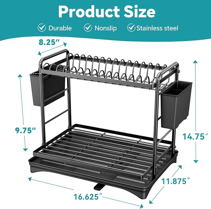 Simple Trending Dish Rack, Dish Drying Rack 2 Tier, Stainless Steel Dish Drainers with Utensil Holder and Drainboard for Kitchen Sink Organizers, 11.875" W x 16.625" D, Black - Image 2
