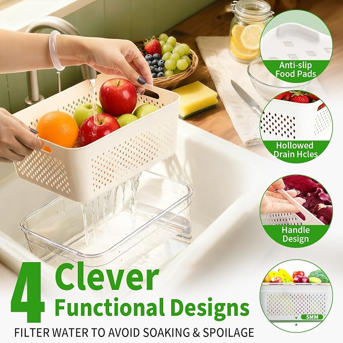 PRAKI Fruit Storage Containers for Fridge with Removable Colander, 5-Pack | 4 in 1 Food Storage Containers, Produce Saver for Refrigerator Keep Fruits, Berry Fresh Longer, Multiple Sizes, BPA-Free - Image 2