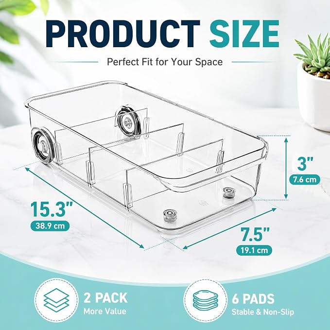 2 Pack Refrigerator Organizer Bin with Wheels, Roll Out Pantry Storage with Dividers, Clear Plastic Refrigerator Drawer, Upgrade Thick Fridge Caddy for Under Sink, Kitchen Organization - Image 2