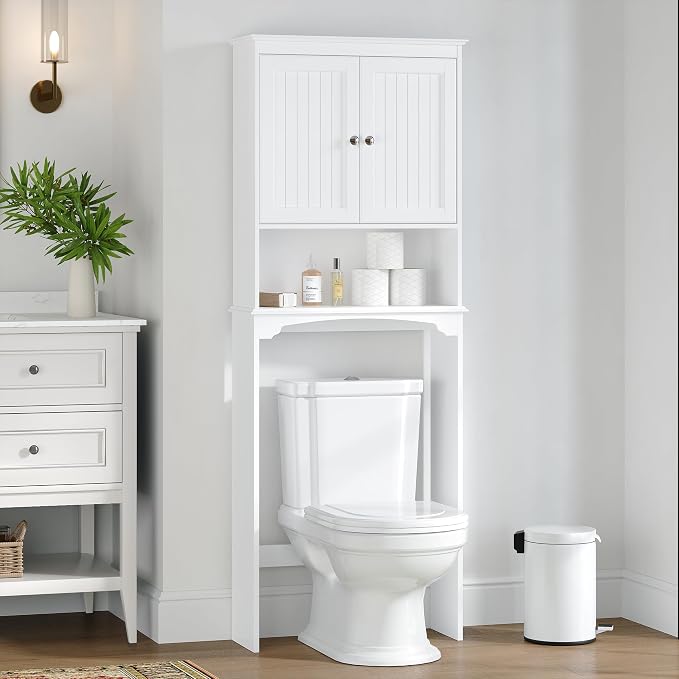 Spirich Over The Toilet Storage Cabinet with Doors, Bathroom Organizer | White, Adjustable Shelf, Anti-Tip Fitting, FSC-Certified MDF, Beadboard Design, 33.3" Toilet Clearance, Adjustable Crossbar by SpirichLLC