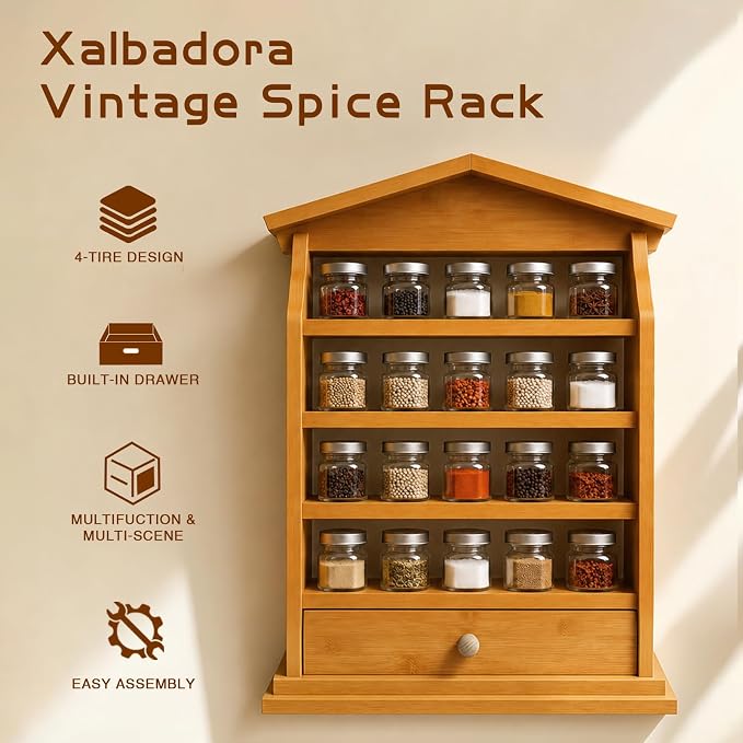Natural Wood Spice Rack Wall Mount – 4-Tier Wooden Kitchen Organizer with Drawer, Holds 24 Small Spice Jars, Decorative Wall Display Shelf - Image 3