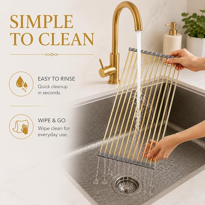 Snailhouse Roll Up Dish Drying Rack, Stainless Steel Dish Drainer Over The Sink with Anti-Slip Silicone for Kitchen Counter, Gold (17.8 x 11.8 in) - Image 7