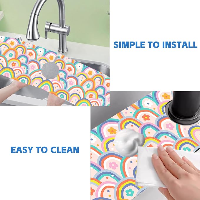 Boho Rainbow Hippie Floral Kitchen Sink Splash Guard Mat Absorbent Fast Drying Mat Faucet Draining Mat Sink Splash Guard Behind Faucet Drip Catcher for Kitchen Bathroom 5.5"×24" - Image 5