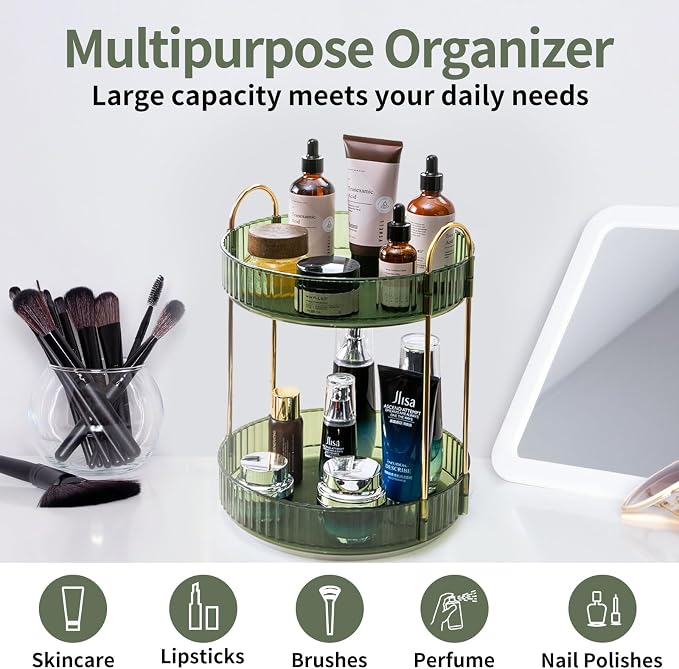 Asayuee 360 Rotating Makeup Organizer for Vanity,2 Tier Large Capacity Skincare Organizers,Bathroom Counter Organizer, Spinning Perfume Organizer & Vanity Organizer (Green-2 Tier) - Image 7