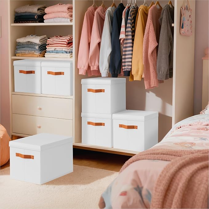 Storage Bins with Lids - Fabric Storage Baskets for Shelves, 4 Pack Foldable Decorative Boxes with Handles, Stackable Organizer Bins for Home, Nursery, Dorm, White - Image 5