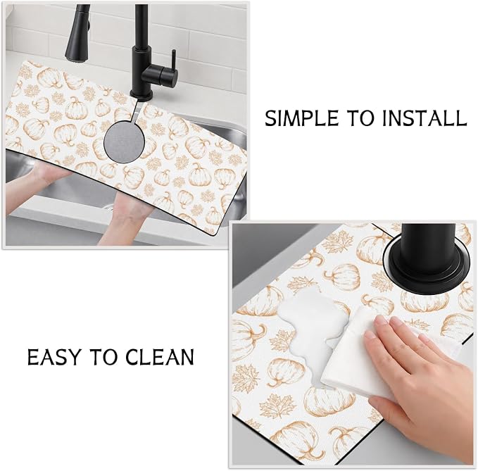 Fall Kitchen Sink Splash Guard Faucet Mat,White Maple Leaf Pumpkin Autumn Thanksgiving Faucet Non-Slip Absorbent Mat,Farmhouse Sink Splash Guard Behind Faucet for Kitchen Bathroom, 15"x5.5" - Image 4