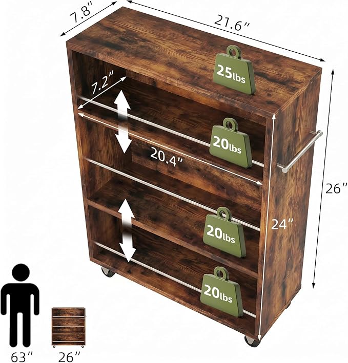 4-Tier Slim Rolling Cart with Wheels, 7.9"W Narrow Storage, Rustic Brown | 4 adjustable MDF shelves (20 lbs each), 360° casters + side handle, Fits kitchen, laundry, bathroom & dorm tight gaps - Image 2