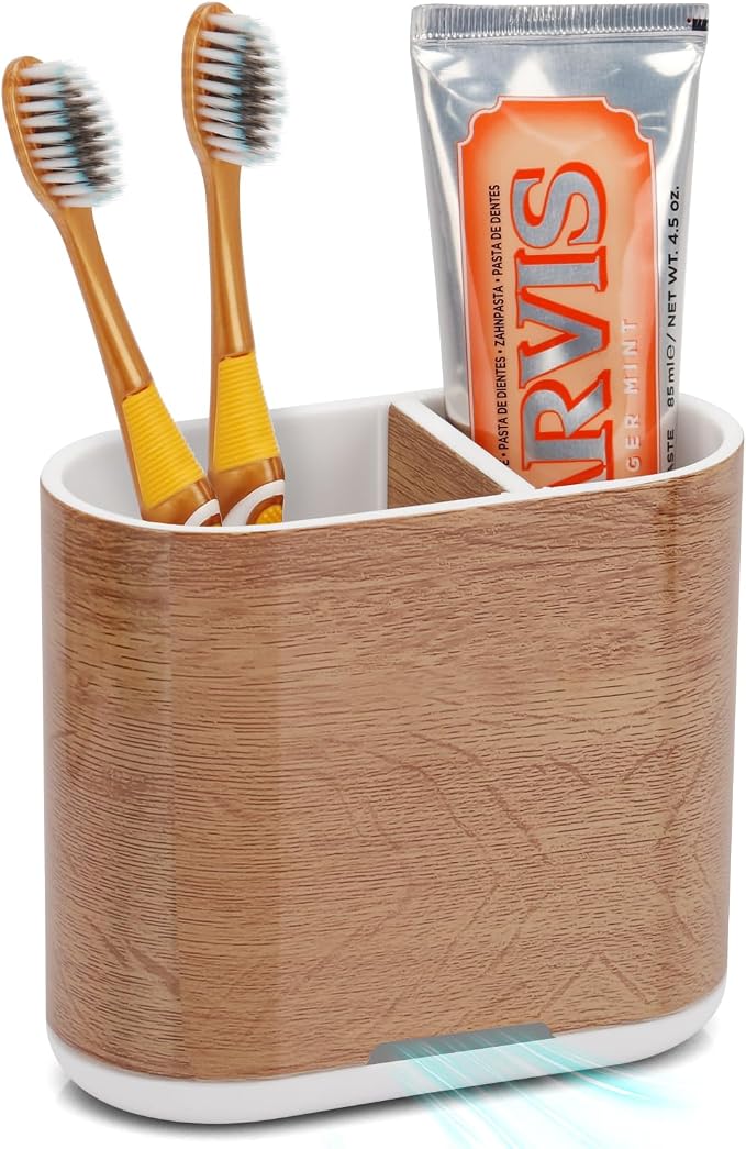 Toothbrush Holders Toothpaste Organizer for Bathrooms, Wood Grain | 2 Slots, Easy to Clean, Plastic, Kids Electric Toothbrush, Drainage, Removable, For Bathroom, Vanity, Kitchen Sink, Office by Chintu